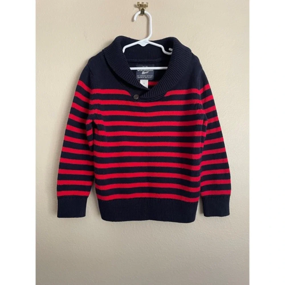 OshKosh B'gosh Boys 5 Navy Red Chunky Knit Striped Shawl Sweater Nautical Preppy
